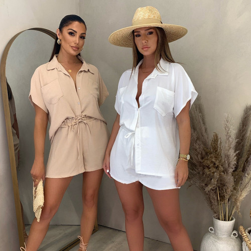 Fashion Casual Set Solid Classic Single breasted One Sleeve Shirt Elastic Waist Shorts Two Piece Set