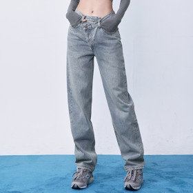 Women's Jeans V-Waist Straight Barrel Irregular Diagonal Button Design Jeans