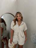 Fashion Casual Set Solid Classic Single breasted One Sleeve Shirt Elastic Waist Shorts Two Piece Set