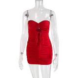 Bra tie up dress sexy hollow neck open back wrinkled wrap buttocks short skirt for women