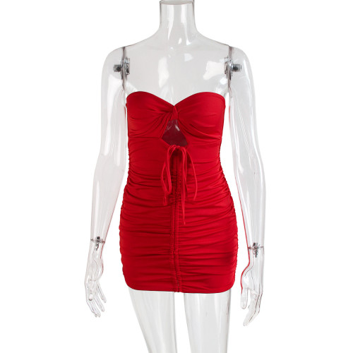 Bra tie up dress sexy hollow neck open back wrinkled wrap buttocks short skirt for women