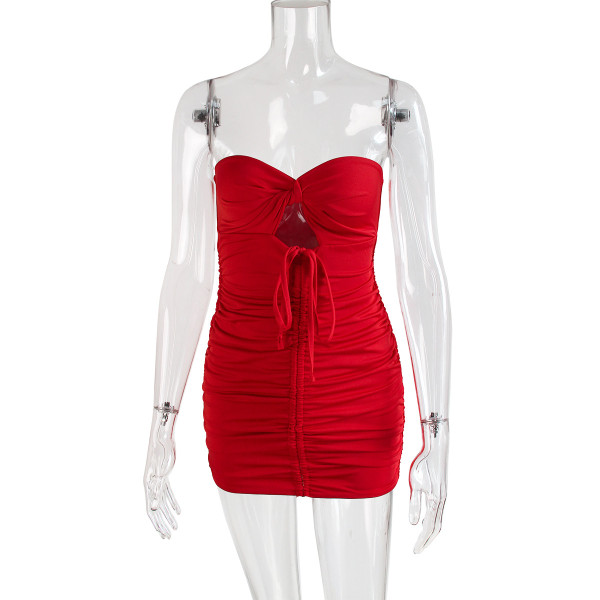 Bra tie up dress sexy hollow neck open back wrinkled wrap buttocks short skirt for women