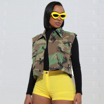 Camo printed large pocket lapel short sleeveless vest Camo printed large pocket lapel short sleeveless vest