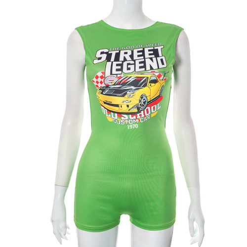 Fashion Street Motorcycle Printed Sleeveless Open Back One Piece Shorts