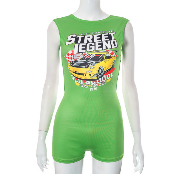 Fashion Street Motorcycle Printed Sleeveless Open Back One Piece Shorts