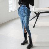 Personalized Street High Waist Long Inverted Triangle Front Split Design Washed Classic Denim Skirt