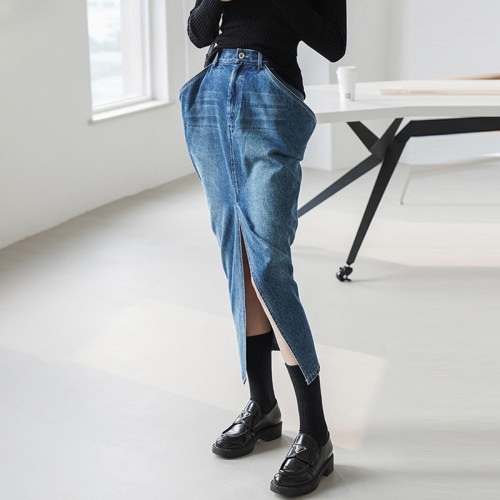 Personalized Street High Waist Long Inverted Triangle Front Split Design Washed Classic Denim Skirt