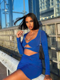 Long sleeved dress sexy deep V hollow out tie women's pleated buttock wrap dress