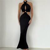 Sexy and fashionable patchwork hanging neck strap open back long skirt