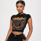 Printed Pin Open Neck T-shirt Top