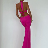 Sexy and fashionable patchwork hanging neck strap open back long skirt