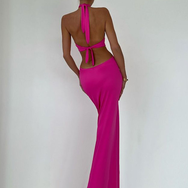 Sexy and fashionable patchwork hanging neck strap open back long skirt