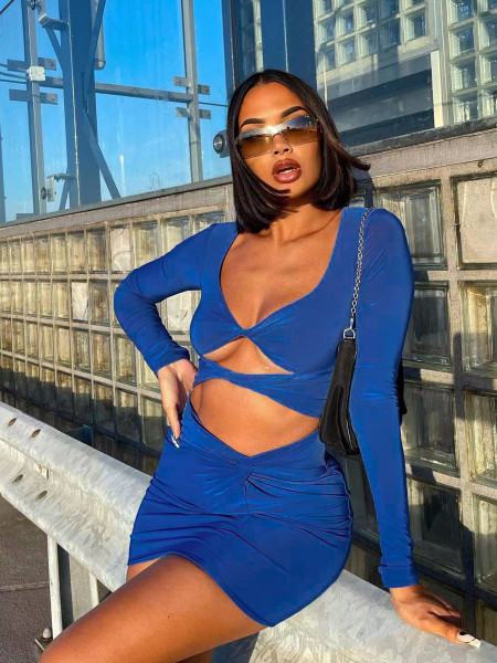 Long sleeved dress sexy deep V hollow out tie women's pleated buttock wrap dress