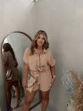 Fashion Casual Set Solid Classic Single breasted One Sleeve Shirt Elastic Waist Shorts Two Piece Set