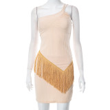 Irregular diagonal shoulder strap tassel top short skirt casual set