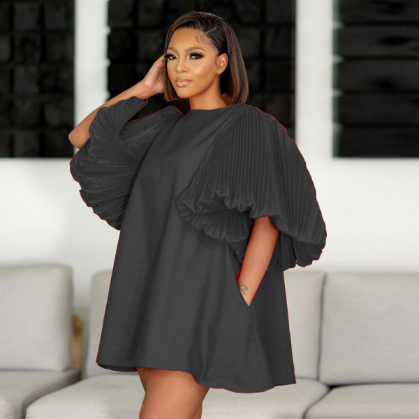 Women's pleated lantern sleeve doll dress for banquet fashion solid color temperament dress