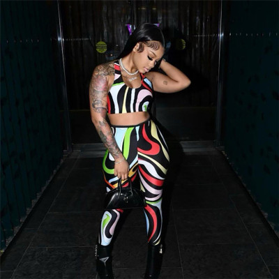 Women's sexy printing tight Crop top high waist slim trousers suit