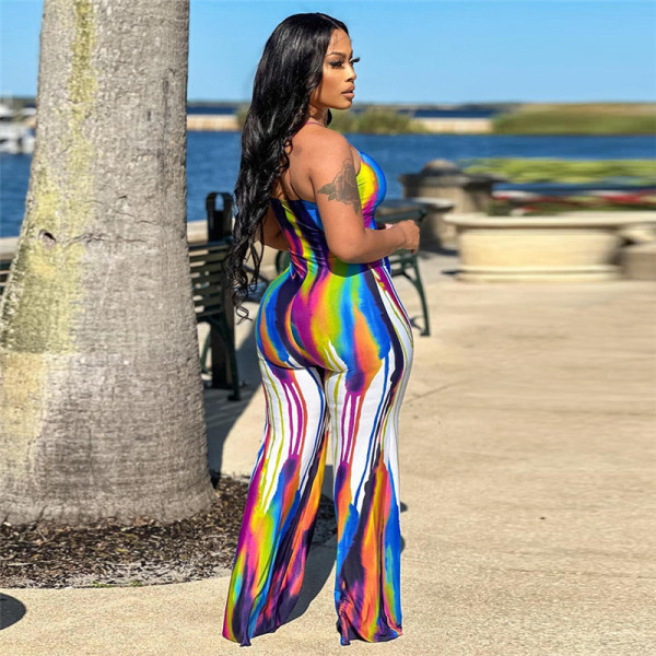 Women's sexy suspender printed contrast slim fitting hip lifting jumpsuit
