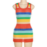 Sexy Hollow Knitted High Waist Contrast Slim Fit Sleeveless Wrapped Hip Dress