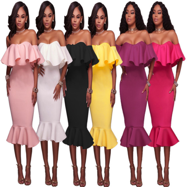 Large Women's Ruffle Edge Sexy Off Shoulder Autumn Dress