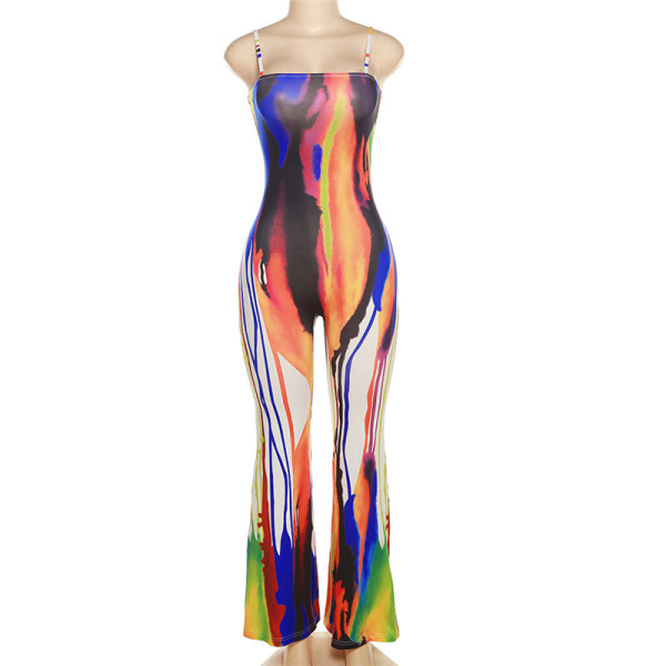 Women's sexy suspender printed contrast slim fitting hip lifting jumpsuit