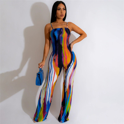 Women's sexy suspender printed contrast slim fitting hip lifting jumpsuit