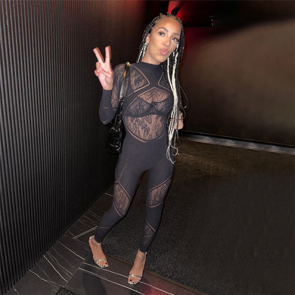 Women's sexy hollow out buttocks tight knit high waisted casual jumpsuit pants