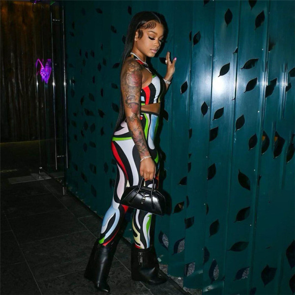 Women's sexy printing tight Crop top high waist slim trousers suit