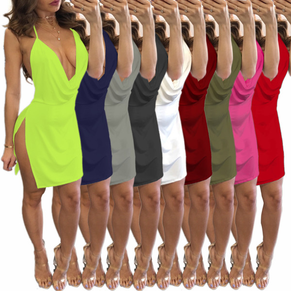 Suspended low cut open back dress short skirt for women