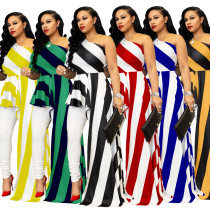 Fashion diagonal shoulder striped shirt dress long dress for women