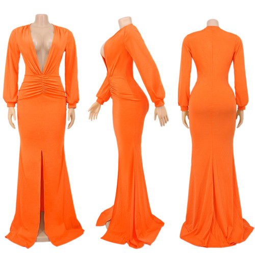 Solid color large V-neck sexy women's slim fitting nightclub dress evening dress