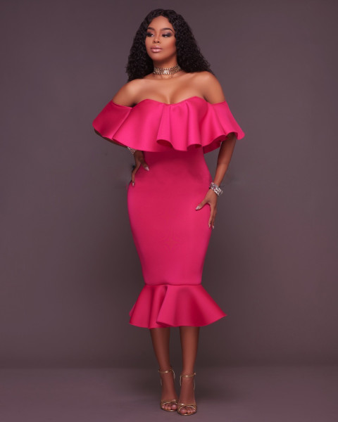Large Women's Ruffle Edge Sexy Off Shoulder Autumn Dress