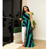 Fashion diagonal shoulder striped shirt dress long dress for women