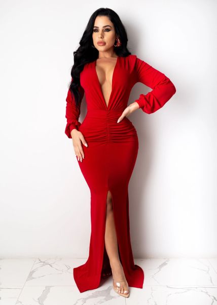 Solid color large V-neck sexy women's slim fitting nightclub dress evening dress