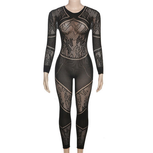 Women's sexy hollow out buttocks tight knit high waisted casual jumpsuit pants