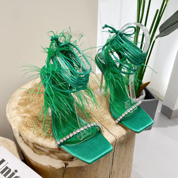 Women's shoes feather rhinestone square head crystal high heel strap sandals
