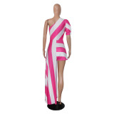 Fashion diagonal shoulder striped shirt dress long dress for women