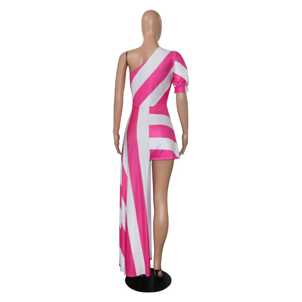 Fashion diagonal shoulder striped shirt dress long dress for women