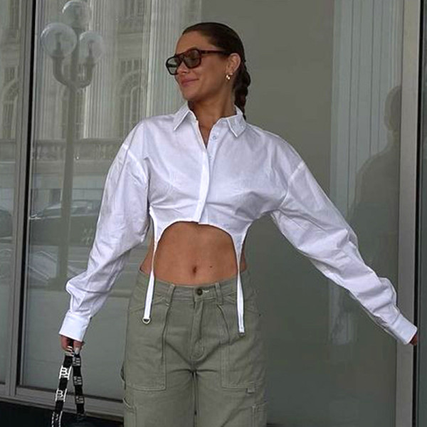 Casual solid color lapel button button open navel shirt slim fitting long sleeved top