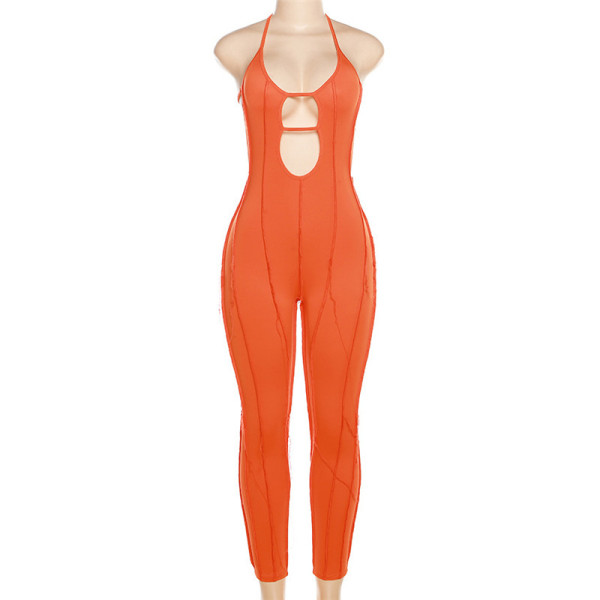 Women's sleeveless lace up low neck slim fitting high waist sports jumpsuit