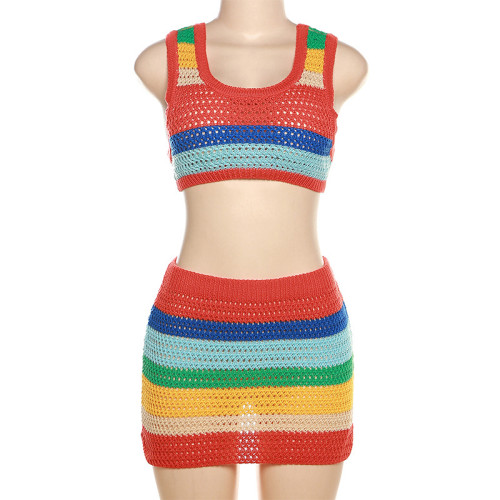 Sexy Hollow Knitted High Waist Contrast Skirt Set