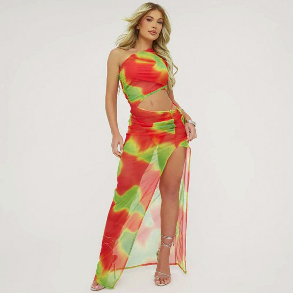Sexy perspective printed diagonal collar mesh pleated slim fitting long dress