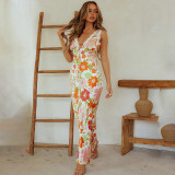 Printed suspender dress with European and American style sexy spicy girl open back V-neck long dress