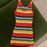 Sexy Hollow Knitted High Waist Contrast Slim Fit Sleeveless Wrapped Hip Dress