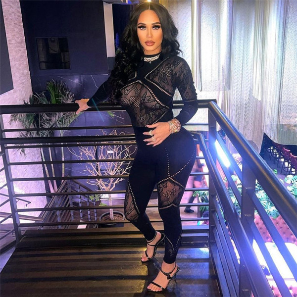 Women's sexy hollow out buttocks tight knit high waisted casual jumpsuit pants