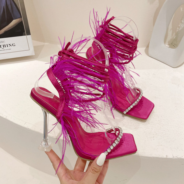 Women's shoes feather rhinestone square head crystal high heel strap sandals