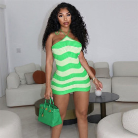 Fashion Jacquard Knitted Contrast High Waist Slim Fit Short Dress