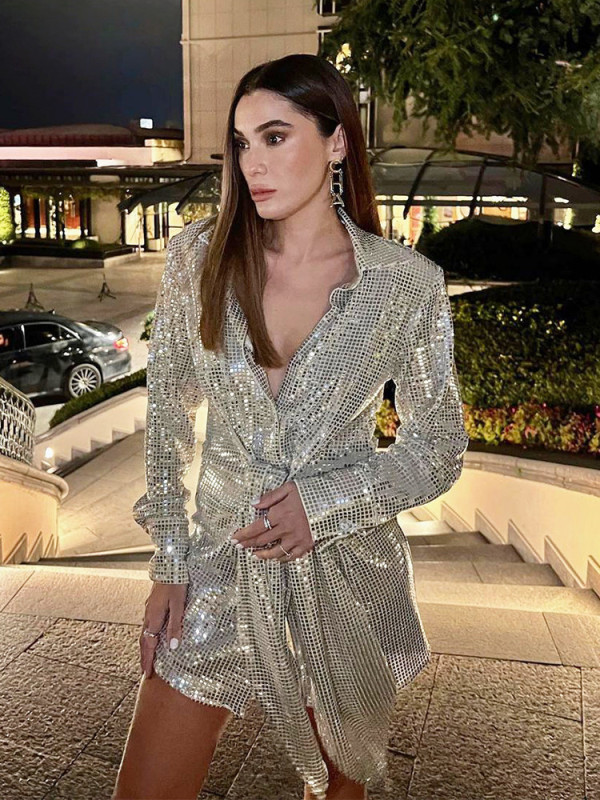 Fashionable women's strapping slim fitting long sleeved sequin high-end casual shirt