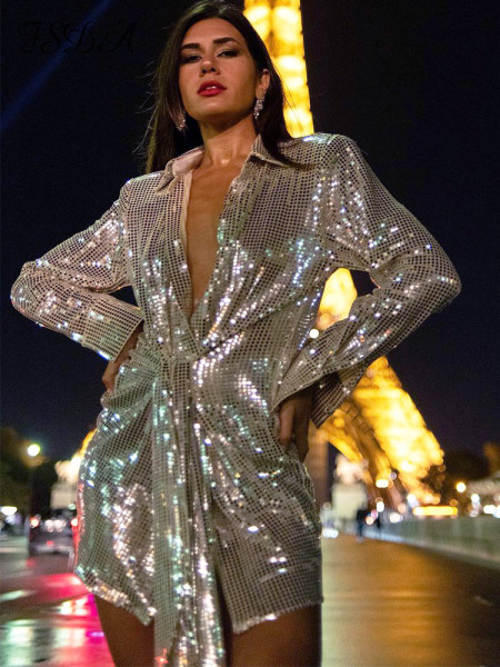 Fashionable women's strapping slim fitting long sleeved sequin high-end casual shirt