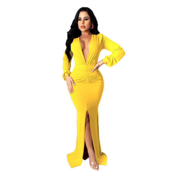 Solid color large V-neck sexy women's slim fitting nightclub dress evening dress